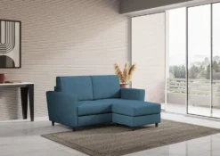 Divano 172x85cm design a due posti con piedini in legno e pouf idrorepellente blu avio DI38