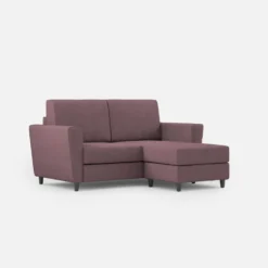 Divano 172x85cm design a due posti con piedini in legno e pouf idrorepellente prugna DI38