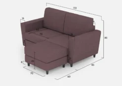 Divano 172x85cm design a due posti con piedini in legno e pouf idrorepellente prugna DI38
