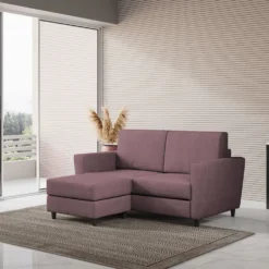 Divano 172x85cm design a due posti con piedini in legno e pouf idrorepellente prugna DI38