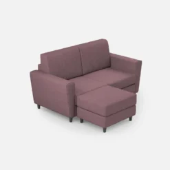 Divano 172x85cm design a due posti con piedini in legno e pouf idrorepellente prugna DI38