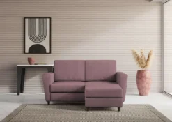 Divano 172x85cm design a due posti con piedini in legno e pouf idrorepellente prugna DI38