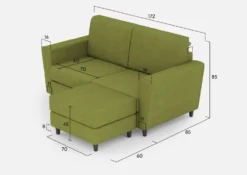 Divano 172x85cm design a due posti con piedini in legno e pouf idrorepellente verde DI38