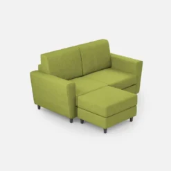 Divano 172x85cm design a due posti con piedini in legno e pouf idrorepellente verde DI38