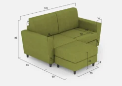 Divano 172x85cm design a due posti con piedini in legno e pouf idrorepellente verde DI38