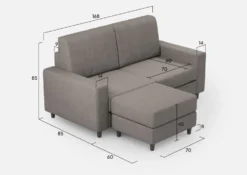 Divano 168x85cm design a due posti con bracciolo geometrico con pouf idrorepellente grigio DI16