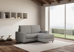 Divano 168x85cm design a due posti con bracciolo geometrico con pouf idrorepellente grigio DI16