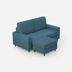 Divano 168x85cm design a due posti con bracciolo geometrico con pouf idrorepellente blu avio DI16