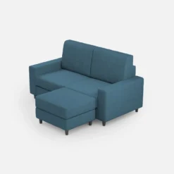 Divano 168x85cm design a due posti con bracciolo geometrico con pouf idrorepellente blu avio DI16
