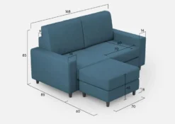 Divano 168x85cm design a due posti con bracciolo geometrico con pouf idrorepellente blu avio DI16