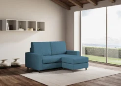 Divano 168x85cm design a due posti con bracciolo geometrico con pouf idrorepellente blu avio DI16