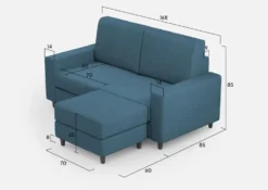 Divano 168x85cm design a due posti con bracciolo geometrico con pouf idrorepellente blu avio DI16