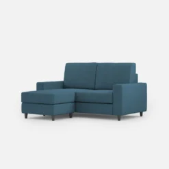 Divano 168x85cm design a due posti con bracciolo geometrico con pouf idrorepellente blu avio DI16