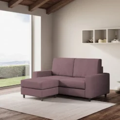 Divano 168x85cm design a due posti con bracciolo geometrico con pouf idrorepellente prugna DI16