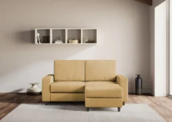 Divano 168x85cm design a due posti con bracciolo geometrico con pouf idrorepellente ocra DI16