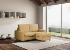 Divano 168x85cm design a due posti con bracciolo geometrico con pouf idrorepellente ocra DI16