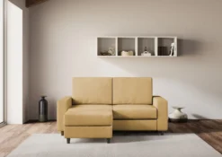 Divano 168x85cm design a due posti con bracciolo geometrico con pouf idrorepellente ocra DI16
