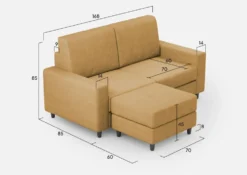 Divano 168x85cm design a due posti con bracciolo geometrico con pouf idrorepellente ocra DI16