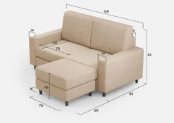 Divano 168x85cm design a due posti con bracciolo geometrico con pouf idrorepellente beige DI16