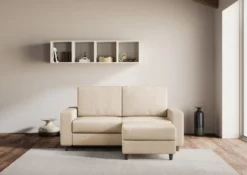 Divano 168x85cm design a due posti con bracciolo geometrico con pouf idrorepellente beige DI16