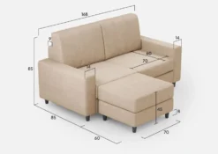 Divano 168x85cm design a due posti con bracciolo geometrico con pouf idrorepellente beige DI16