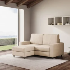 Divano 168x85cm design a due posti con bracciolo geometrico con pouf idrorepellente beige DI16