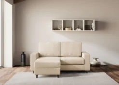 Divano 168x85cm design a due posti con bracciolo geometrico con pouf idrorepellente beige DI16