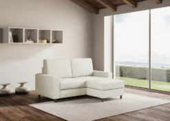 Divano 168x85cm design a due posti con bracciolo geometrico con pouf idrorepellente bianco latte DI16