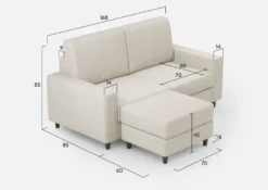 Divano 168x85cm design a due posti con bracciolo geometrico con pouf idrorepellente bianco latte DI16