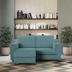 Divano 148x85cm design a due posti con bracciolo squadrato e con pouf blu petrolio DI4