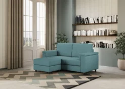 Divano 148x85cm design a due posti con bracciolo squadrato e con pouf blu petrolio DI4