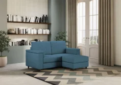 Divano 148x85cm design a due posti con bracciolo squadrato e con pouf blu avio DI4