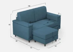 Divano 148x85cm design a due posti con bracciolo squadrato e con pouf blu avio DI4