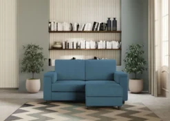Divano 148x85cm design a due posti con bracciolo squadrato e con pouf blu avio DI4