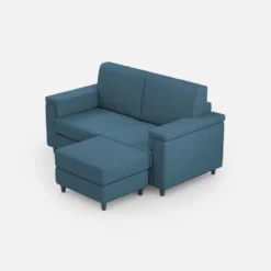 Divano 148x85cm design a due posti con bracciolo squadrato e con pouf blu avio DI4
