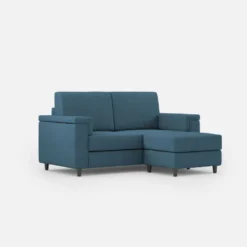 Divano 148x85cm design a due posti con bracciolo squadrato e con pouf blu avio DI4