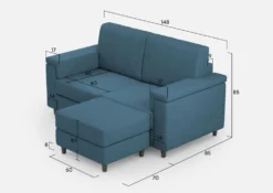 Divano 148x85cm design a due posti con bracciolo squadrato e con pouf blu avio DI4