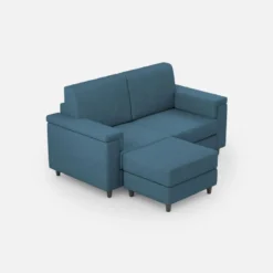 Divano 148x85cm design a due posti con bracciolo squadrato e con pouf blu avio DI4
