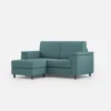 Divano 168x85cm design a due posti con bracciolo squadrato e pouf stoffa idrorepellente blu petrolio DI5