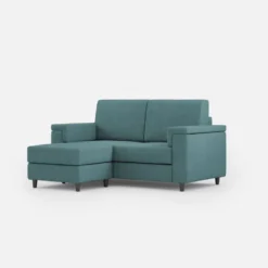 Divano 168x85cm design a due posti con bracciolo squadrato e pouf stoffa idrorepellente blu petrolio DI5