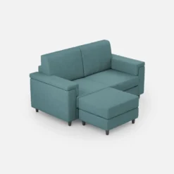 Divano 168x85cm design a due posti con bracciolo squadrato e pouf stoffa idrorepellente blu petrolio DI5