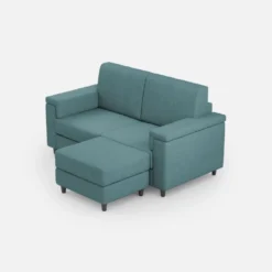 Divano 168x85cm design a due posti con bracciolo squadrato e pouf stoffa idrorepellente blu petrolio DI5