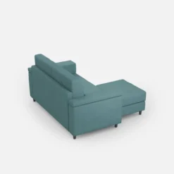 Divano 168x85cm design a due posti con bracciolo squadrato e pouf stoffa idrorepellente blu petrolio DI5