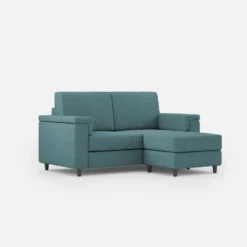 Divano 168x85cm design a due posti con bracciolo squadrato e pouf stoffa idrorepellente blu petrolio DI5