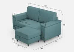 Divano 168x85cm design a due posti con bracciolo squadrato e pouf stoffa idrorepellente blu petrolio DI5