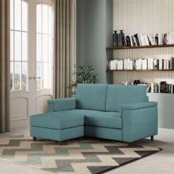 Divano 168x85cm design a due posti con bracciolo squadrato e pouf stoffa idrorepellente blu petrolio DI5