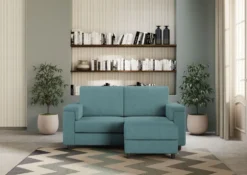 Divano 168x85cm design a due posti con bracciolo squadrato e pouf stoffa idrorepellente blu petrolio DI5