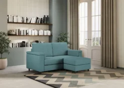 Divano 168x85cm design a due posti con bracciolo squadrato e pouf stoffa idrorepellente blu petrolio DI5
