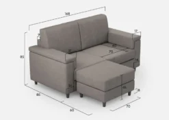 Divano 168x85cm design a due posti con bracciolo squadrato e pouf stoffa idrorepellente grigio DI5