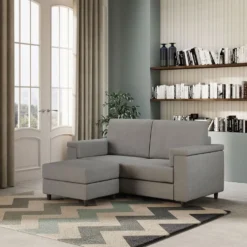 Divano 168x85cm design a due posti con bracciolo squadrato e pouf stoffa idrorepellente grigio DI5